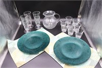 Glass Pitcher, Tumblers, 2 Chargers/platters