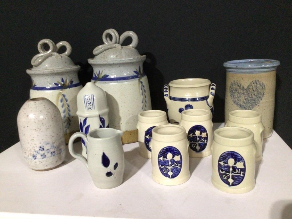 (12) Pottery & Stoneware Blue & Tan Decor Lot