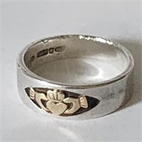 Irish Sterling & Gold Claddagh Ring - Size 9 1/2