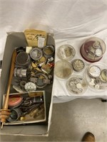 Box with watch movements, parts and repair tools