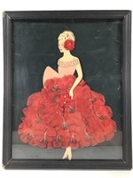 Framed Paper Doll Woman w Floral Textile Skirt