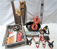 Hand saws, square, level, extension cord, oil