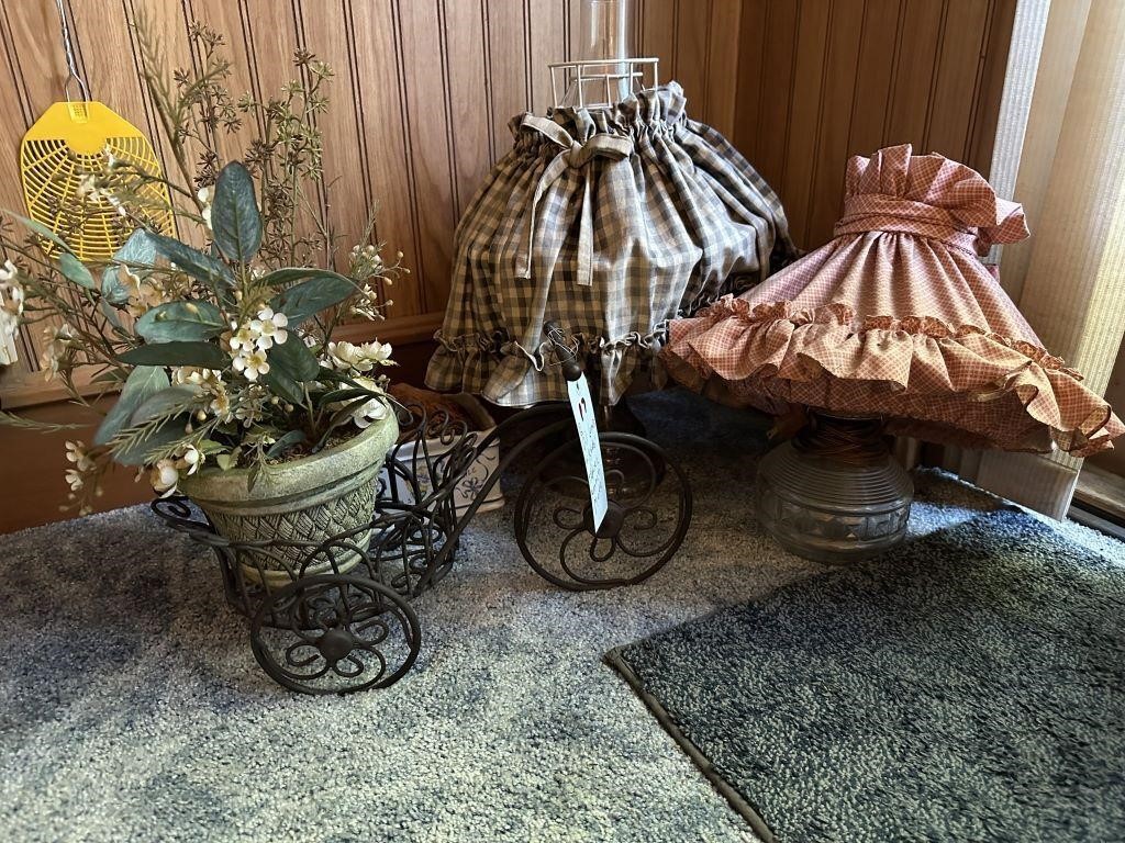 2 oil lamps w/shade, tricycle planter, more