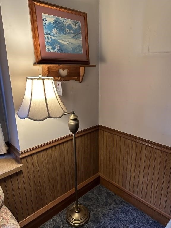Pole lamp, picture, heart shelf