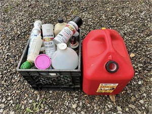 Gas Can & Crate of Assorted Fluids