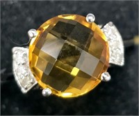 $240 Silver 2.35G Citrine And Cz 3.1Ct   Ring