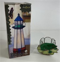 Stained Glass Lighthouse Lamp and Candleholder
