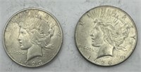 (KK) 2 Silver Peace Dollar Coins 1923s & 1926s