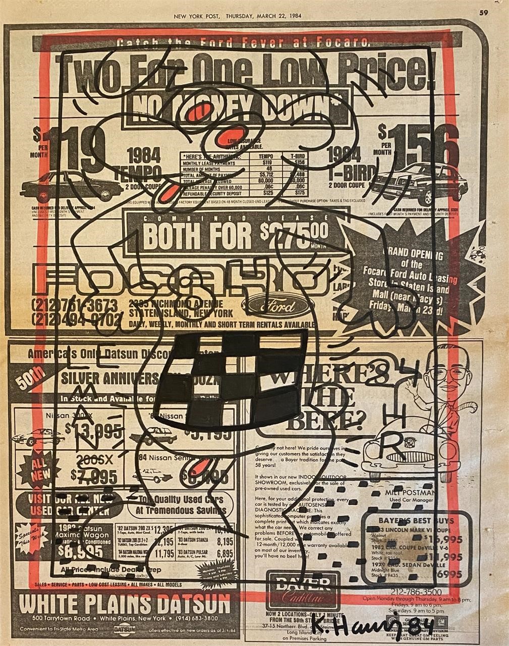 Keith Haring Original Newspaper drawing Certified