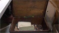 Vintage toys, wooden toy box with vintage toys,