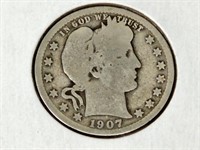 1907 Silver Barber Quarter Coin