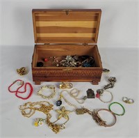 Carved Wood Box W/ Costume Jewelry