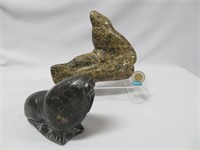 2 Inuit carved soapstone walruses, 7 1/2" & 6" l.