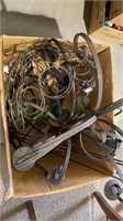 Box of metal includes candelabra hanging planters