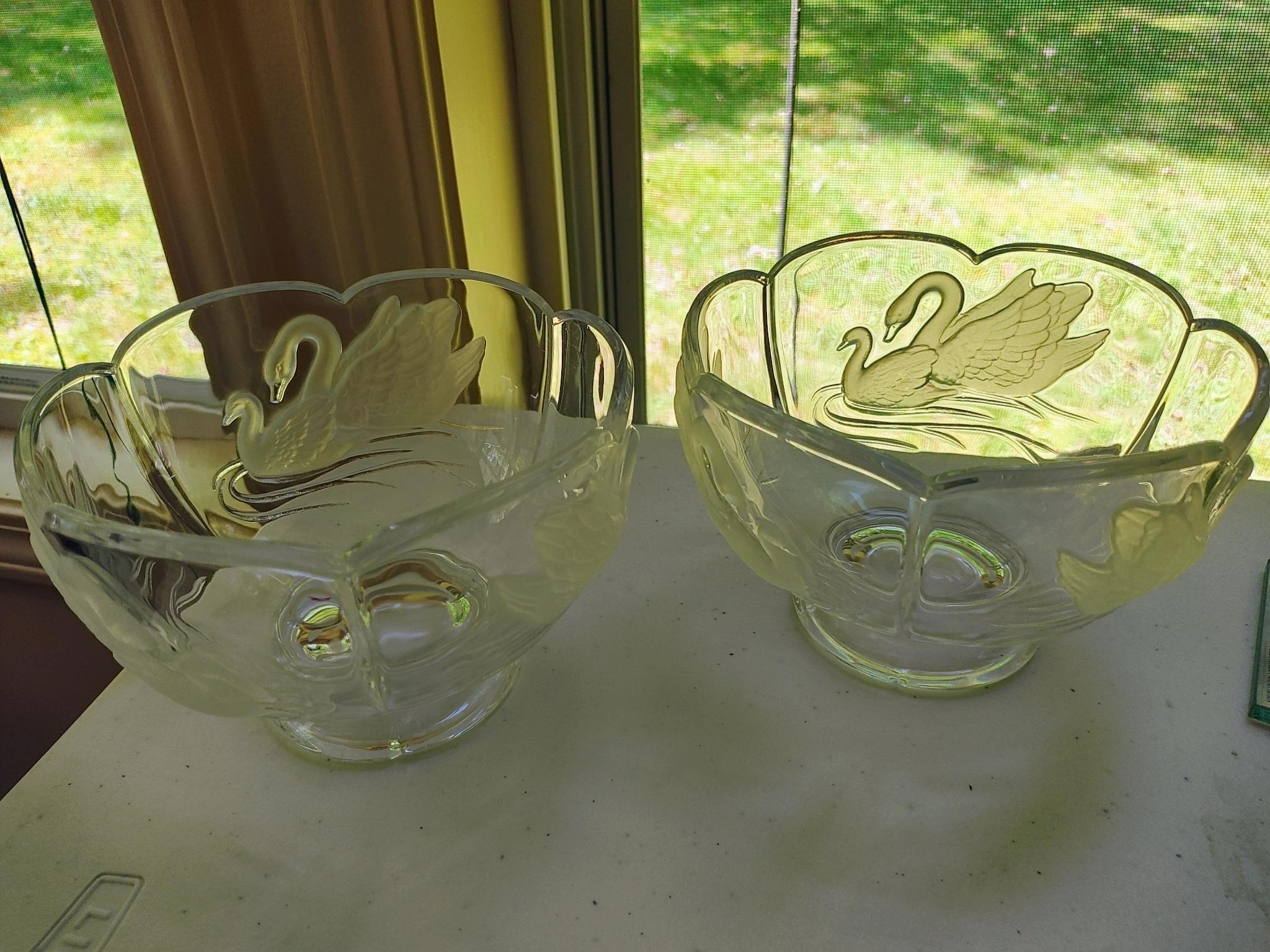 Pair of Frosted Glass Swan Bowls