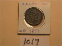1851 U.S. Large Cent AU50…Small obverse nick. Sha0