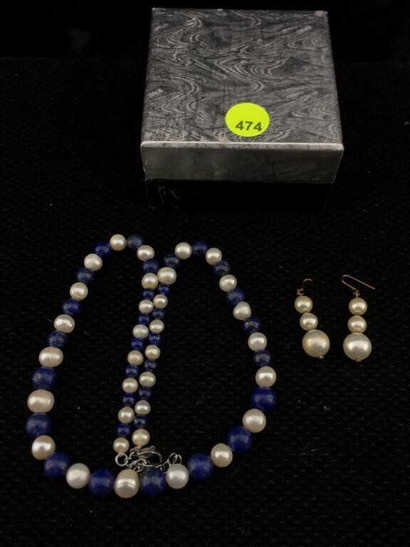 Freshwater Pearl And Lapis Necklace with Sterling