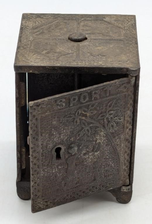 (R) Cast iron1882 SPORT safe coin bank (3" tall).