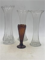 Beautiful Amber glass bud vase with three tall