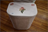 Vintage White Wicker Clothes Hamper w/ Roses