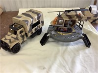 Helicopter pad, helicopter and military truck