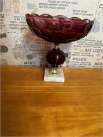 Vintage Marble Base Cranberry Pedestal Dish