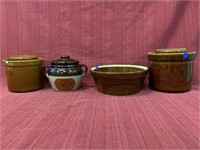 4 Unmatched brown ware, 2 Pfaltzgraff canisters