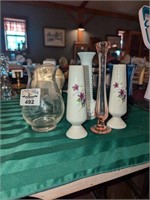 Bird etched pitcher & Assorted Vases