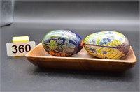 Wooden tray and two painted wooden eggs