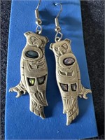 Vintage signed DURI Owl Earrings with Inlay