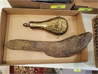 TRAY- POWDER HORN, PRIMATIVE ROCK CARVED