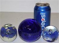 3 Blue Blown Glass Paperweights 2 w Flowers