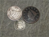 1967 3 cent, 1875 Quarter, and Large Cent