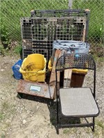 Tool box, saw horses, (2) plastic pallets, tarp,