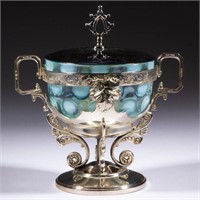 OPALESCENT COINSPOT GLASS BOWL IN STAND, teal