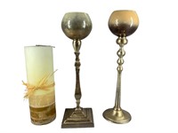 (2) Metal/Glass Pillar Candleholders, (1) Candle