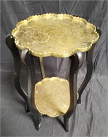 Vintage Asian brass & wood two-tiered stand