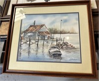 Signed Miller Boat Dock Watercolor Print