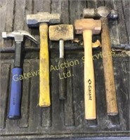 Hammers, rubber,brass,claw and 4 lb sledgehammer.