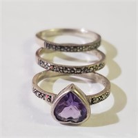 $120 Silver Lot Of 3 Amethyst Marcasite Ring