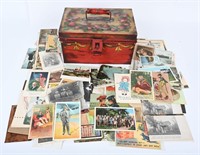PAINTED TIN BOX FULL OF POSTCARDS & MORE