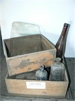 2 wooden boxes with antique bottles, vent window