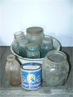 Group with Old Judge jars, canning jars, milk