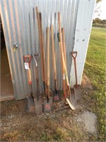 Group of yard tools including spade, more