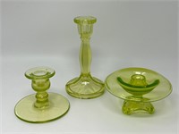 Trio of Uranium Glass Candlesticks Holders