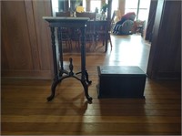 Small antique wooden trunk and marble top table