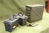 (2) Plastic Ammo Boxes (1) Metal  Ammo Box (1) Kni