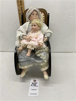 Porcelain Doll, Grandma & Baby in Wood Rocking
