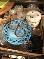 FANCY CLEAR GLASS, BLUE PLATES, COVERED DISH