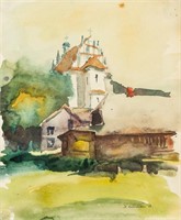 Artist Signed Watercolor on Paper Village Scene